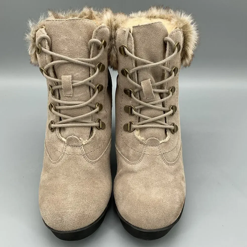 NEW Bearpaw Women’s Marlowe Suede Heeled Boots Mushroom Size 7
